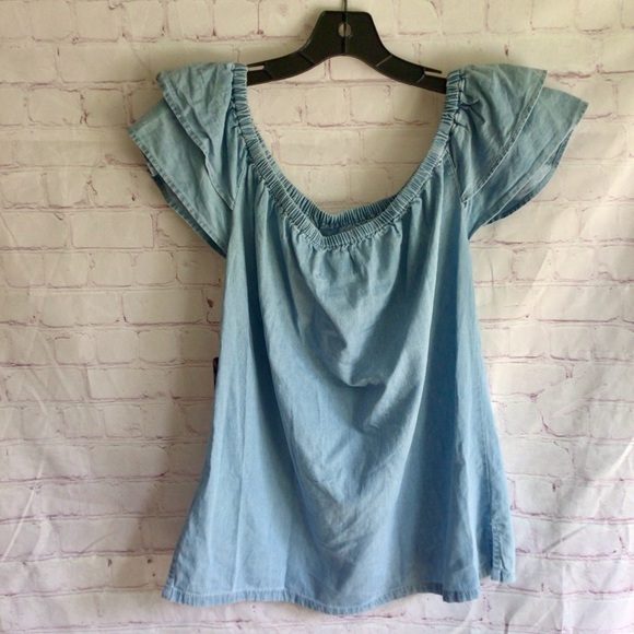 Cavalini Denim Collection Blue Ruffled Sleeve Blouse - Size Large - Picture 6 of 10